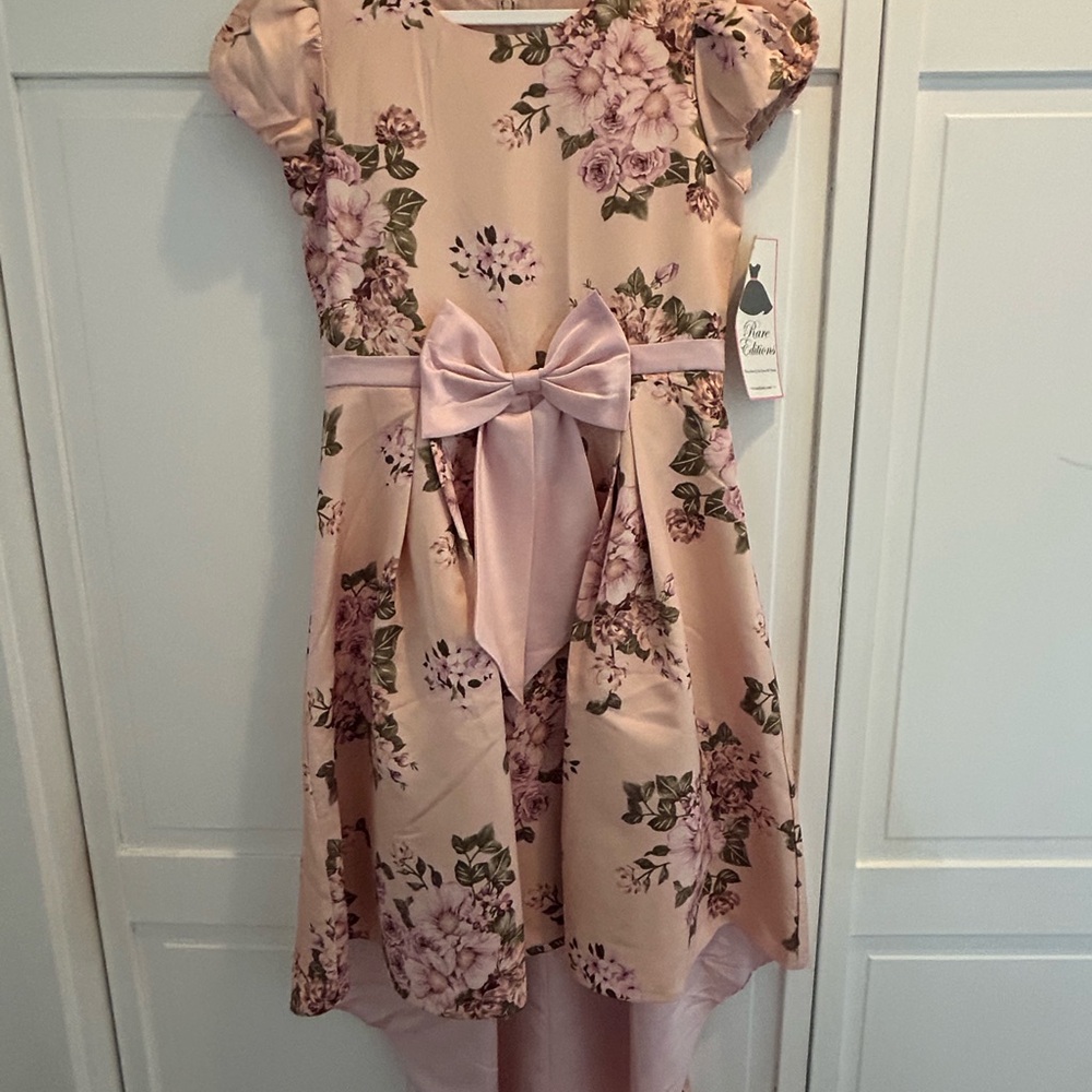 Girls' Blush Pink Floral Bow High-Low Dress